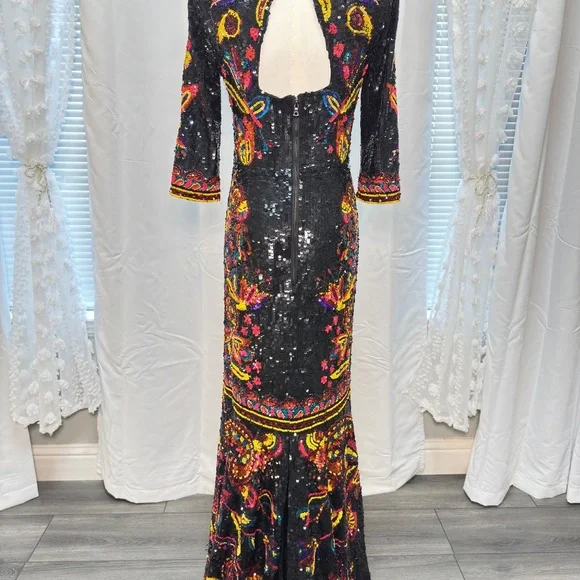 Alice and Olivia Beaded Sequin Embroidered Gown Dress Black Multicolor Size 8